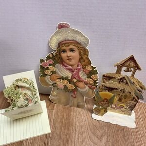 3 Vintage Christmas Decoration Cardboard Paper Die Cuts Cards Angle Merrimack